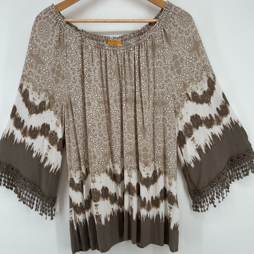 Ruby Rd. Tan Cream Medallion Ombré Boho Western Women's Blouse Size XL